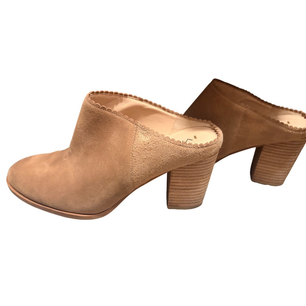 Via Spiga Women Tan Suede Scalloped Mules Block Heel Slide Shoes Size 6.5